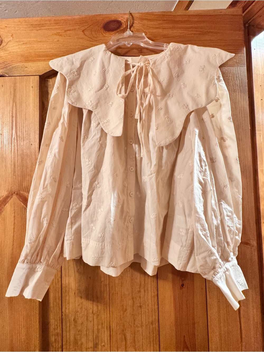 AUREUM Cream Eyelet Tie-Neck Blouse with Oversized Scalloped Collar